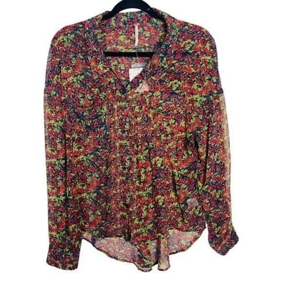 Free People Floral Sheer Easy Rider Button Down Blouse Size Medium NWT - Picture 2 of 10